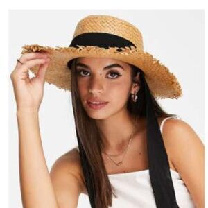 ASOS Pieces Straw Hat with Black Tie Floppy
